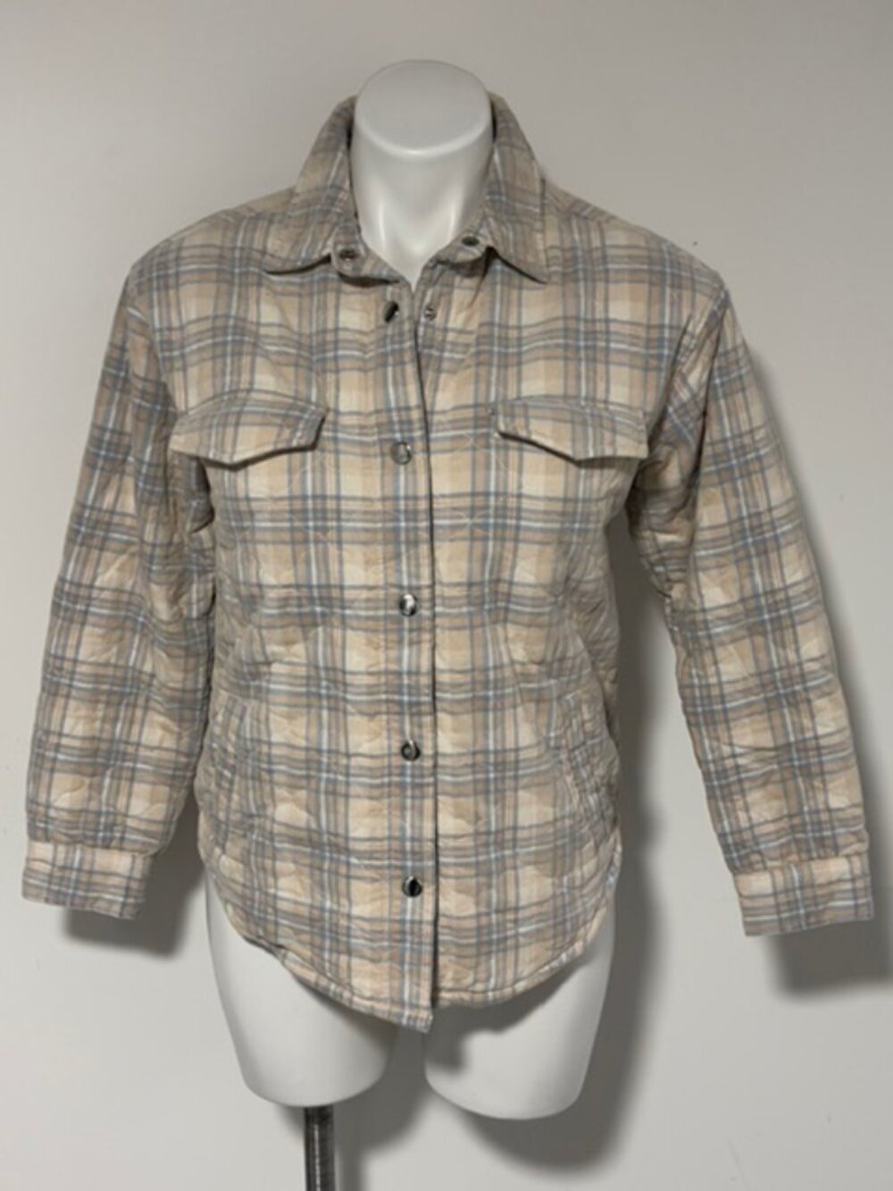 FLAG & ANTHEM WOMENS SHACKET SHIRT JACKET TAN AND BLUE XS